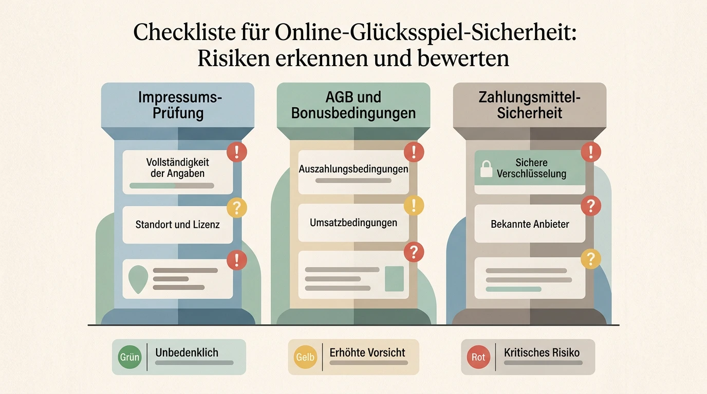 Übersichtliche Risikokarte mit Prüfpunkten zu Impressum, Bedingungen und Zahlungen